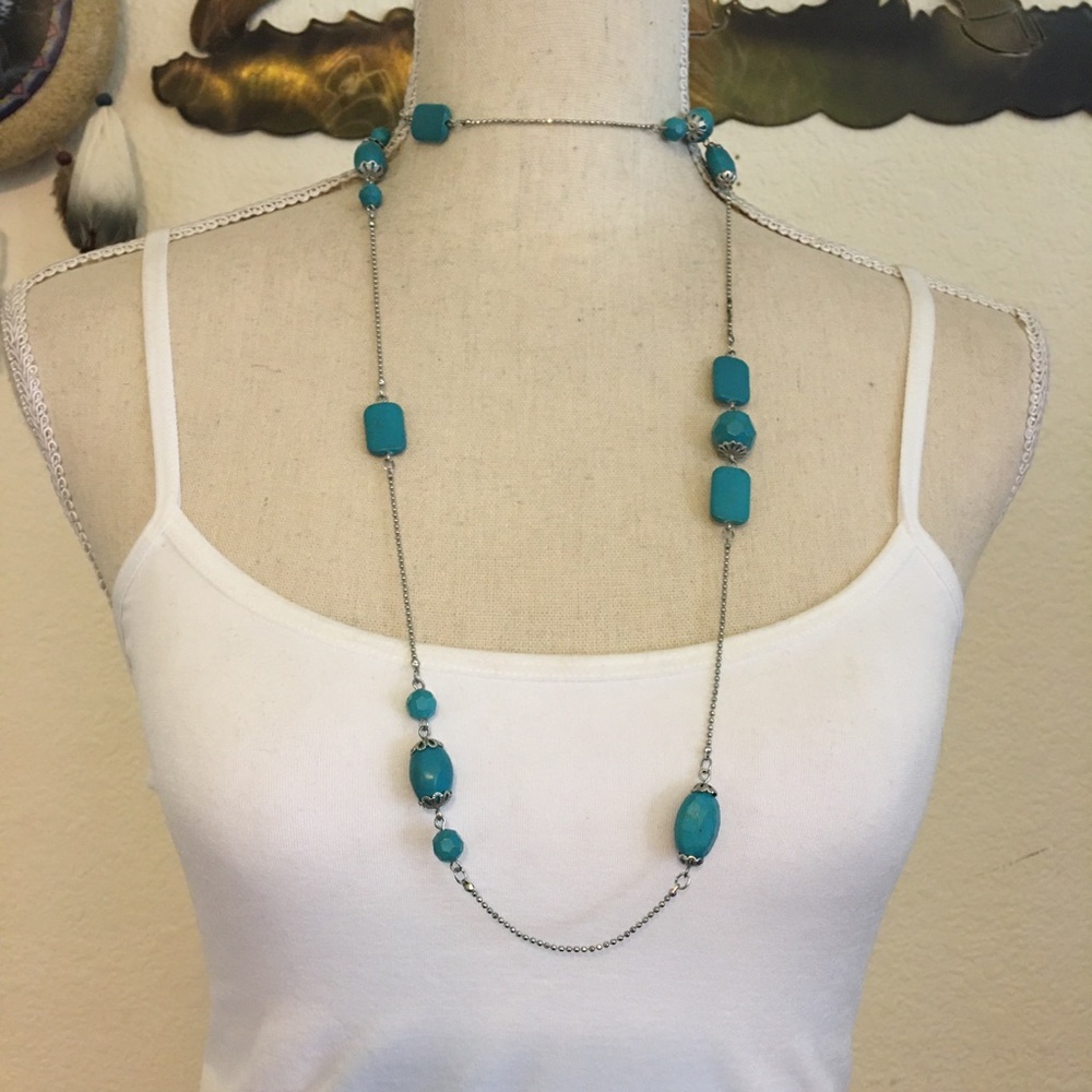 Faux turquoise beads silver ball chain necklace